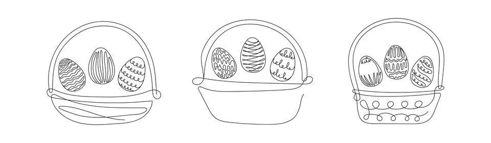 Set of Wicker baskets with Easter eggs. Continuous one line drawing. Black Stock Illustration
