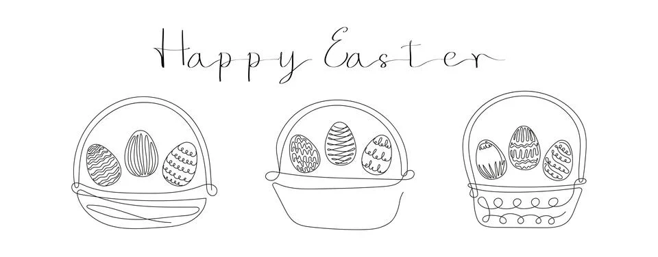 Set of Wicker baskets with Easter eggs and Happy Easter greeting. Continuous one Stock Illustration