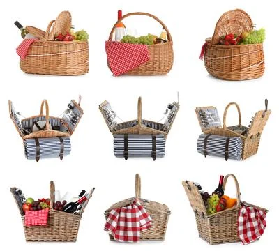 Set of wicker baskets with picnic essentials, wine and different products on  Stock Photos