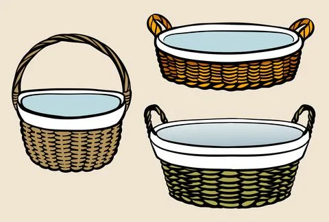 A set of wicker baskets with a white border. Stock Illustration