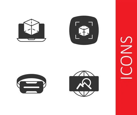 Set Wide angle picture, 3d modeling, Virtual reality glasses and icon. Vector Stockillustratie