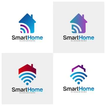 Set of Wifi House Vector Logo. Smart Home Tech Logo Vector. House Net Logo Co Stock Illustration