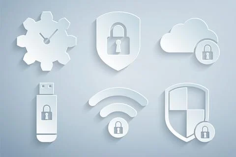 Set Wifi locked, Cloud computing, USB flash drive with, Shield security, and 스톡 일러스트