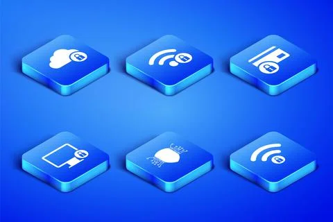 Set Wifi locked, Cloud computing, Cyber security, Lock on monitor, and Credit Stock Illustration