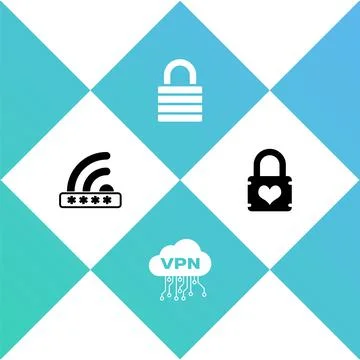 Set Wifi locked, Cloud VPN interface, Lock and Padlock with heart icon. Vector イラスト素材