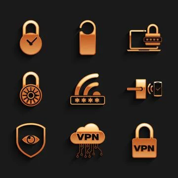 Set Wifi locked, Cloud VPN interface, Lock, Digital door with wireless, Shield イラスト素材