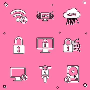 Set Wifi locked, Computer api interface, Cloud, Open padlock, Lock on monitor Stock Illustration