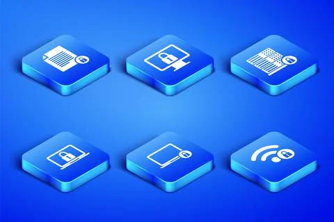 Set Wifi locked, Document and, Laptop, , Lock on monitor and Server security Stock Illustration