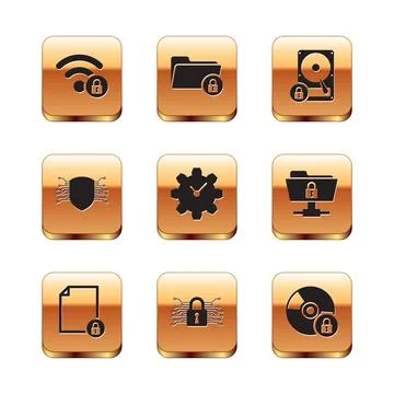 Set Wifi locked, Document and, Cyber security, Time Management, and Hard disk Stock Illustration