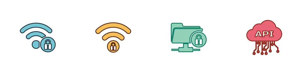 Set Wifi locked, , FTP folder and and Cloud api interface icon. Vector Stock Illustration