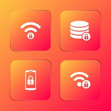 Set Wifi locked, Server security with, Smartphone and icon. Vector Illustrazione stock