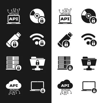 Set Wifi locked, USB flash drive with, Computer api interface, CD or DVD disk Stock Illustration