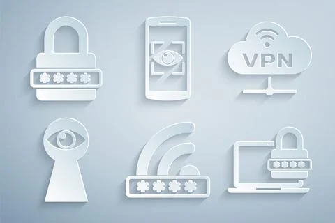 Set Wifi locked, VPN Network cloud connection, Keyhole with eye, Laptop password Stockillustratie