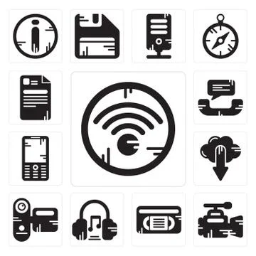 Set of Wifi, Video camera, Vhs, Headphones, Camcorder, Cloud computing, Mobil Free Stock Illustration
