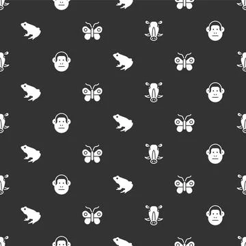 Set Wild boar head, Monkey, Frog and Butterfly on seamless pattern. Vector Illustrazione stock