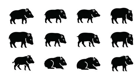 Set of wild boar silhouettes in different poses and actions. Stock Illustration