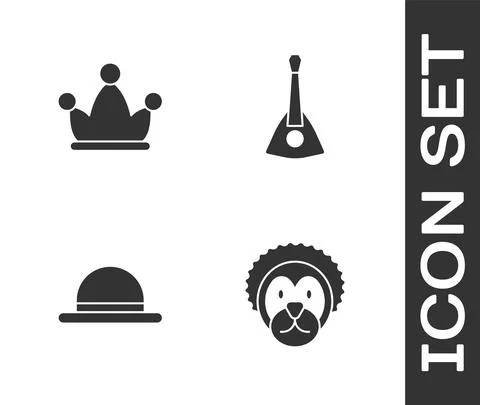 Set Wild lion, Jester hat with bells, Clown and Balalaika icon. Vector Illustrazione stock