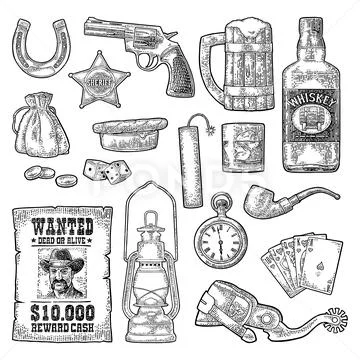 Set with Wild West and casino symbols. Vector vintage engraving black Stock Illustration