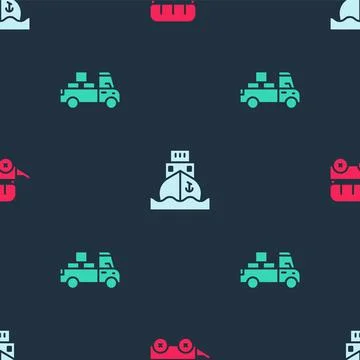 Set Wild west covered wagon, Cargo ship and Delivery truck on seamless pattern Illustrazione stock