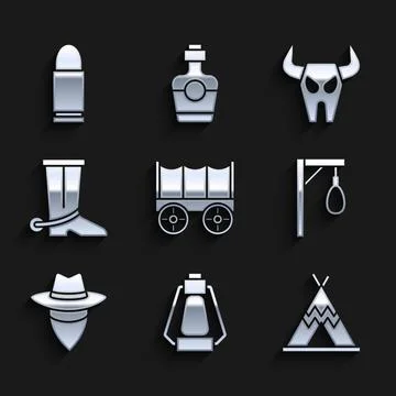 Set Wild west covered wagon, Camping lantern, Indian teepee or wigwam, Gallows Illustrazione stock