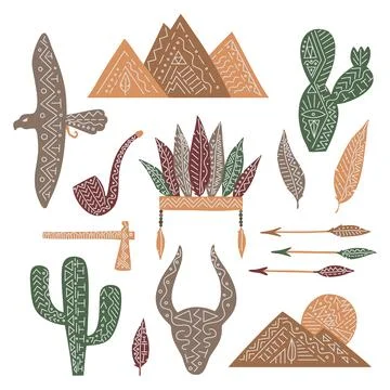 Set of wild west elemets, isolated vector feathers, pipe, eagle, cactuses Illustrazione stock