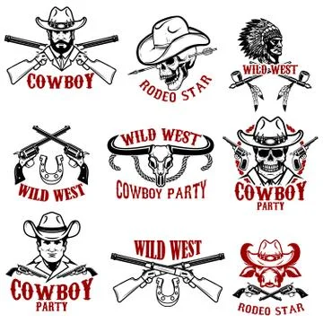 Set of wild west emblems.Cowboy, weapon, native americans. Design elements fo Illustrazione stock