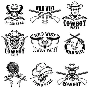 Set of wild west emblems.Cowboy, weapon, native americans. Design elements fo 스톡 일러스트