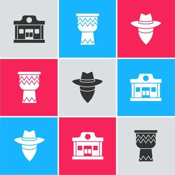 Set Wild west saloon, Drum and Cowboy icon. Vector Ilustración de archivo