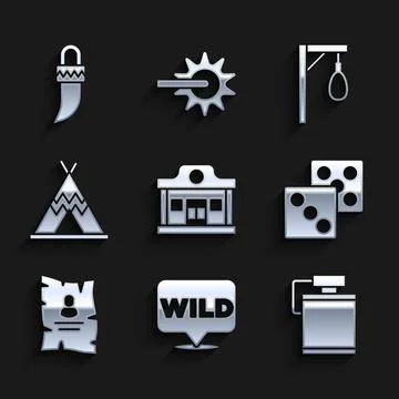 Set Wild west saloon, Pointer to wild, Canteen water bottle, Game dice, Wan.. Stock Illustration