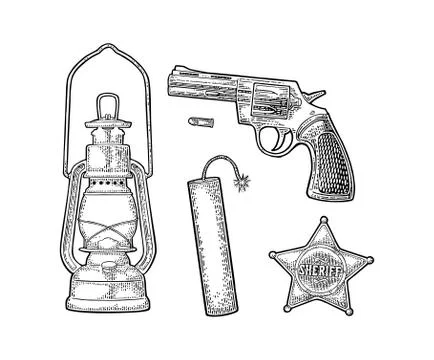 Set with Wild West. Vector vintage engraving black illustration Stock Illustration