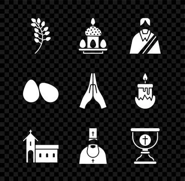 Set Willow leaf, Easter cake and eggs, Jesus Christ, Church building, Priest Ilustración de archivo