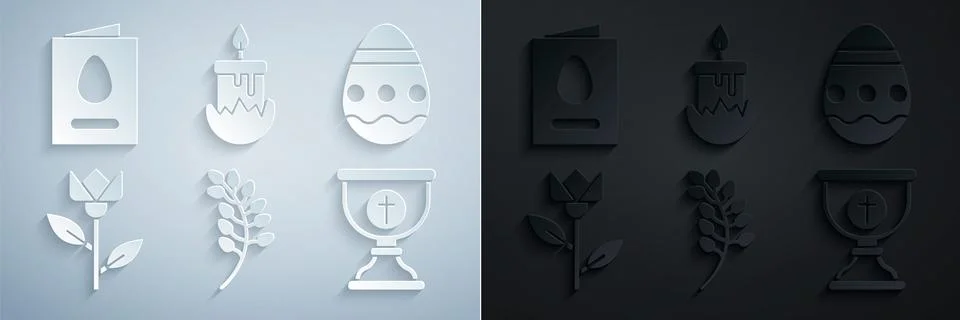 Set Willow leaf, Easter egg, Flower tulip, Christian chalice, Burning candle and Stock Illustration