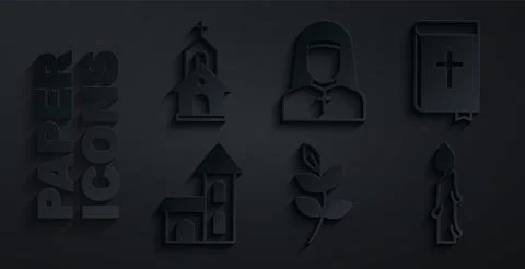 Set Willow leaf, Holy bible book, Church building, Burning candle, Nun and .. Ilustración de archivo