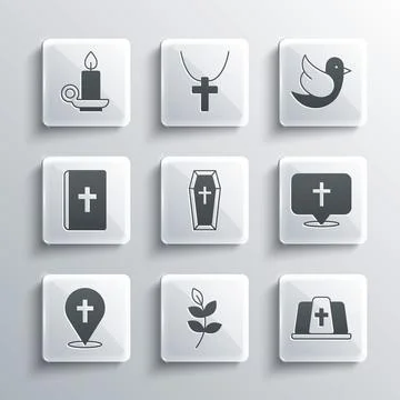 Set Willow leaf, Pope hat, Location church building, Coffin, Holy bible book Ilustración de archivo