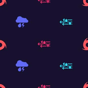 Set Wind and rain, Cloud with lightning, snow and Tornado on seamless pattern Illustrazione stock