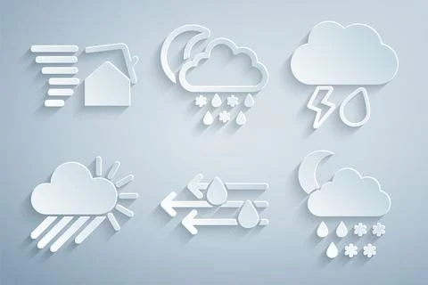 Set Wind and rain, Cloud with lightning, Cloudy sun, snow, moon,  and Torna.. Stock-Illustration