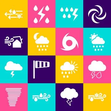 Set Wind and rain with snow, Cloud lightning, rain, sun, Storm, moon, Tornado Stock Illustration