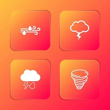 Set Wind and rain, Storm, Cloud with lightning and Tornado icon. Vector Stock Illustration