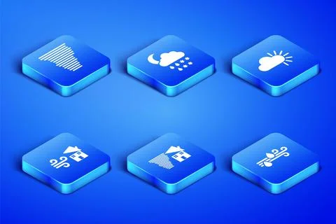 Set Wind and rain, Tornado, swirl, Cloud with snow, moon and Cloudy icon. Vector Illustrazione stock