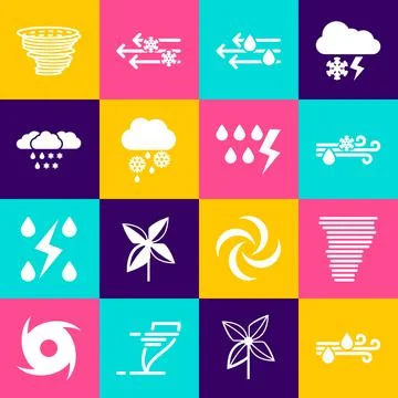 Set Wind and rain, Tornado, with snow, Cloud, and Storm icon. Vector Stock Illustration