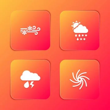 Set Wind and snow, Cloud with snow, rain, sun, lightning and Tornado icon. Ve Stock Illustration