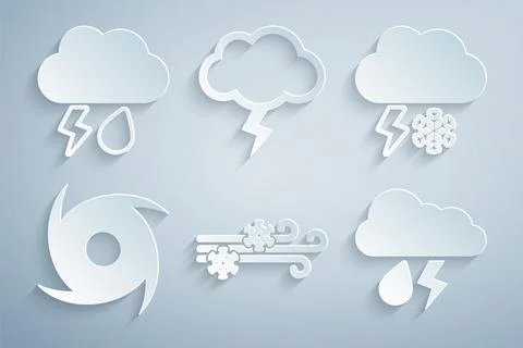 Set Wind and snow, Cloud with lightning, Tornado, rain, Storm and  icon. Vect Stock Illustration