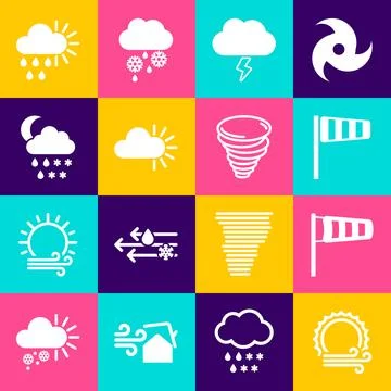 Set Wind and sun, Cone meteorology windsock wind vane, Storm, Cloudy, with snow Illustrazione stock