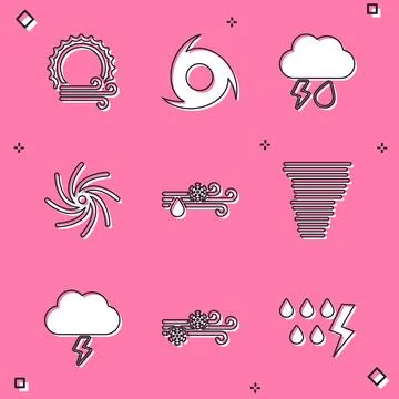 Set Wind and sun, Tornado, Cloud with rain lightning, snow, Storm and  icon.. Stock Illustration