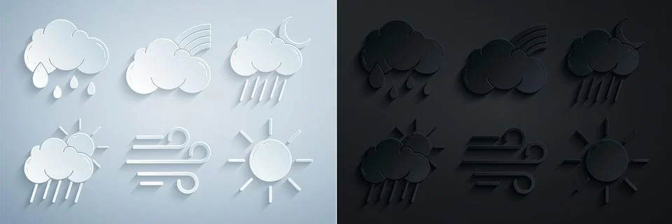 Set Wind, Cloud with rain and moon, sun, Sun, Rainbow clouds and icon. Vector Stock Illustration