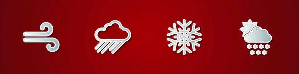 Set Wind, Cloud with rain, Snowflake and snow and sun icon. Vector イラスト素材