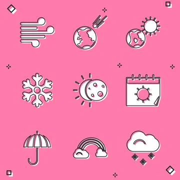 Set Wind, Comet falling down fast, Earth globe and sun, Snowflake, Eclipse of 스톡 일러스트