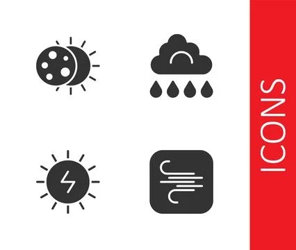 Set Wind, Eclipse of the sun, Solar energy panel and Cloud with rain icon 스톡 일러스트