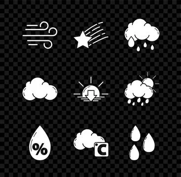 Set Wind, Falling star, Cloud with rain, Water drop percentage, Celsius and.. Stock Illustration
