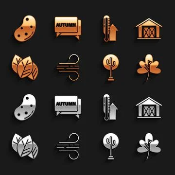 Set Wind, Farm house, Leaf or leaves, Tree, Meteorology thermometer, Potato and Stock Illustration